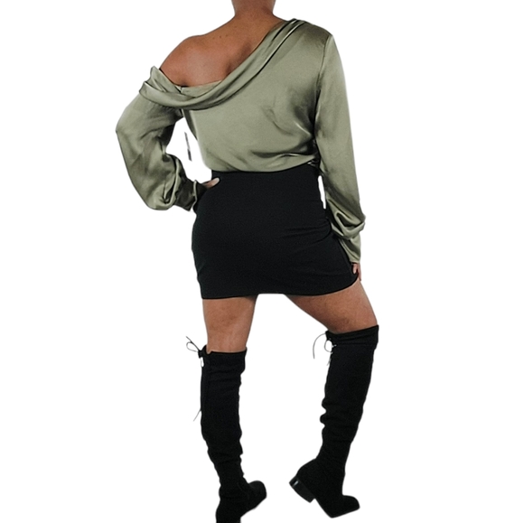 Jonathan Simkhai Olive Green Alice One-shoulder Draped Satin-Like Blouse - Picture 6 of 15